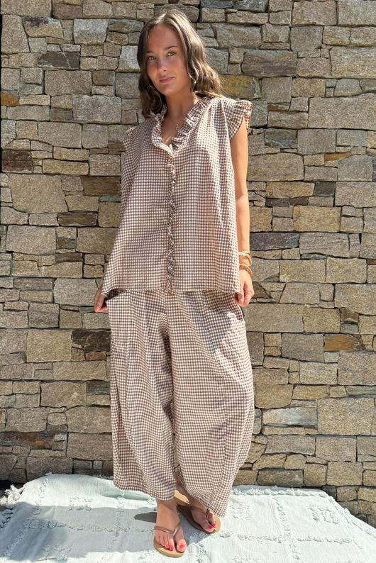 Arbi Gingham Y Blouse Hazelnut